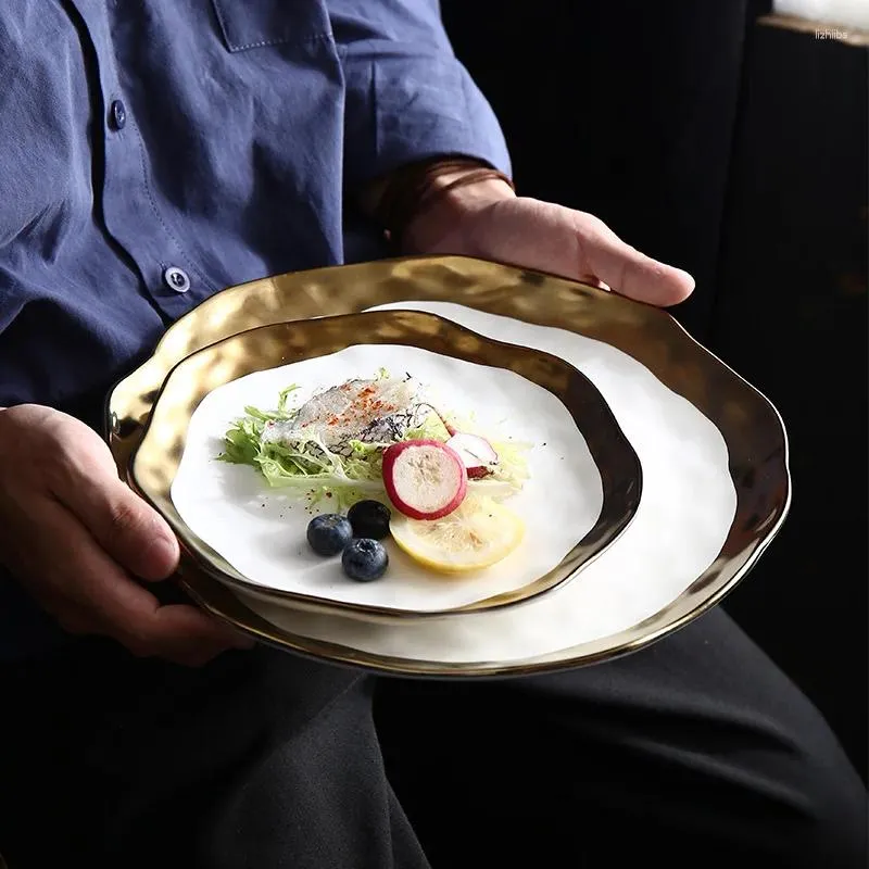 Plates 8/10 Inch Gold-rimmed Tableware Ceramic Dessert Dish White Porcelain And Black Tray High-grade Western