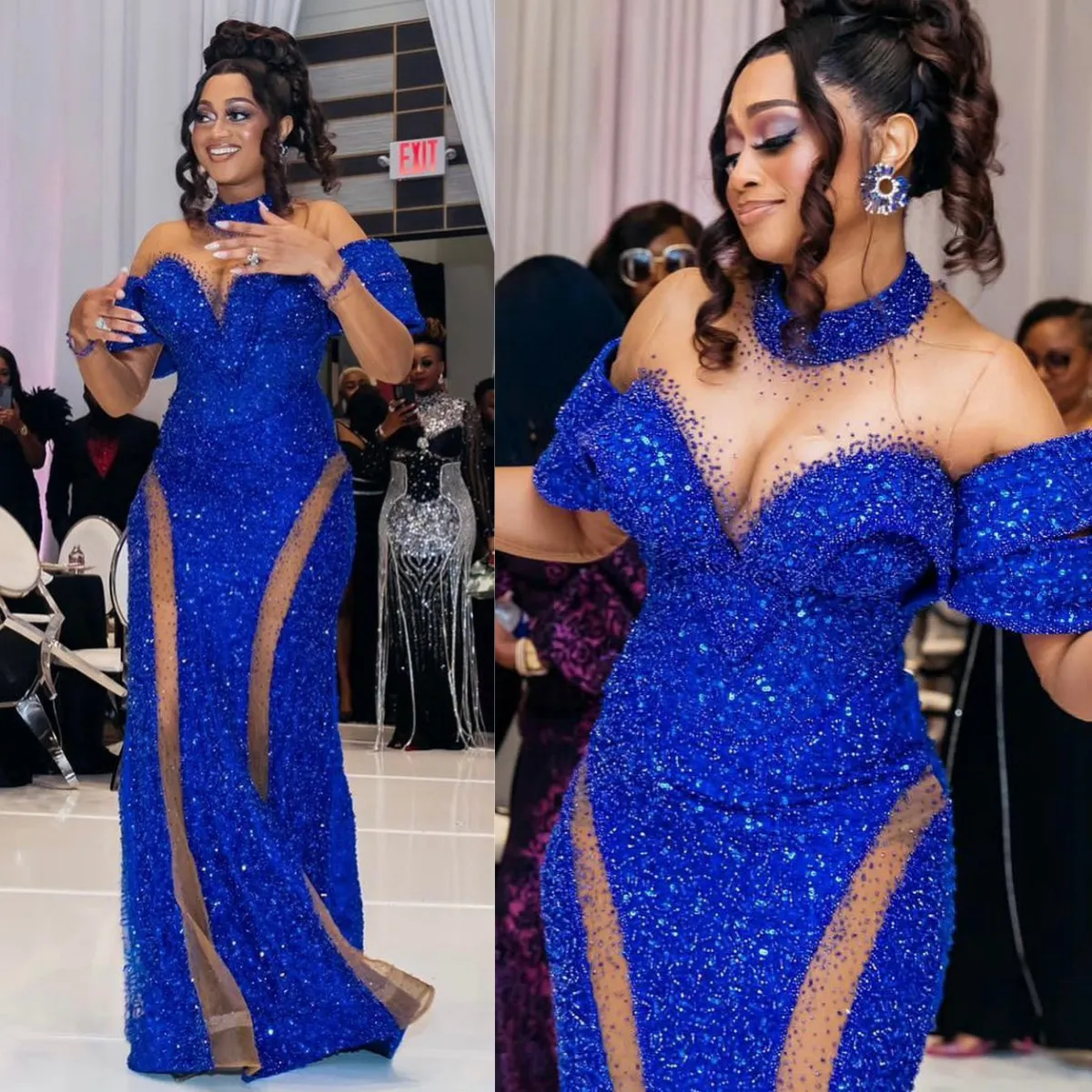 Robe de bal grande taille longue bleu royal sirène col haut illusion de perles robes de soirée formelles pour femmes noires robe de fête d'anniversaire robes de fiançailles AM325