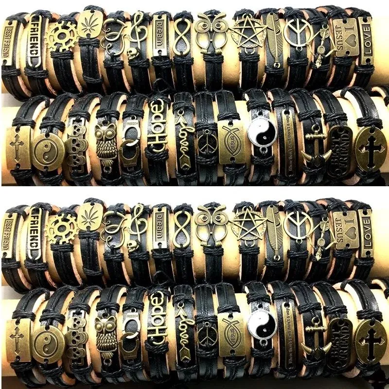 Armreif Großhandel 30 Stück Manschettenlederarmbänder Männer Frauen Unisex Kupferlegierung Dekoration Mix Stile Vintage Mode handgemachter Schmuck