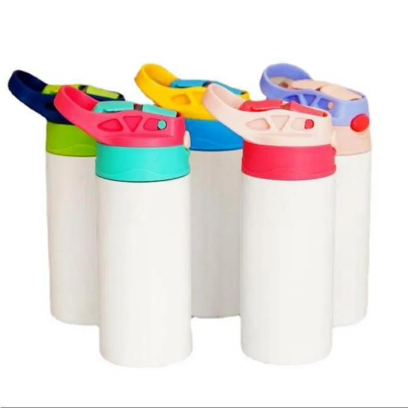 Stock Sublimation Mugs Blanks Kids Tumbler Biberon Gobelets 12 OZ Bouteille d'eau blanche avec paille et couvercle portable 5 couvercles de couleur Pri Qcoc