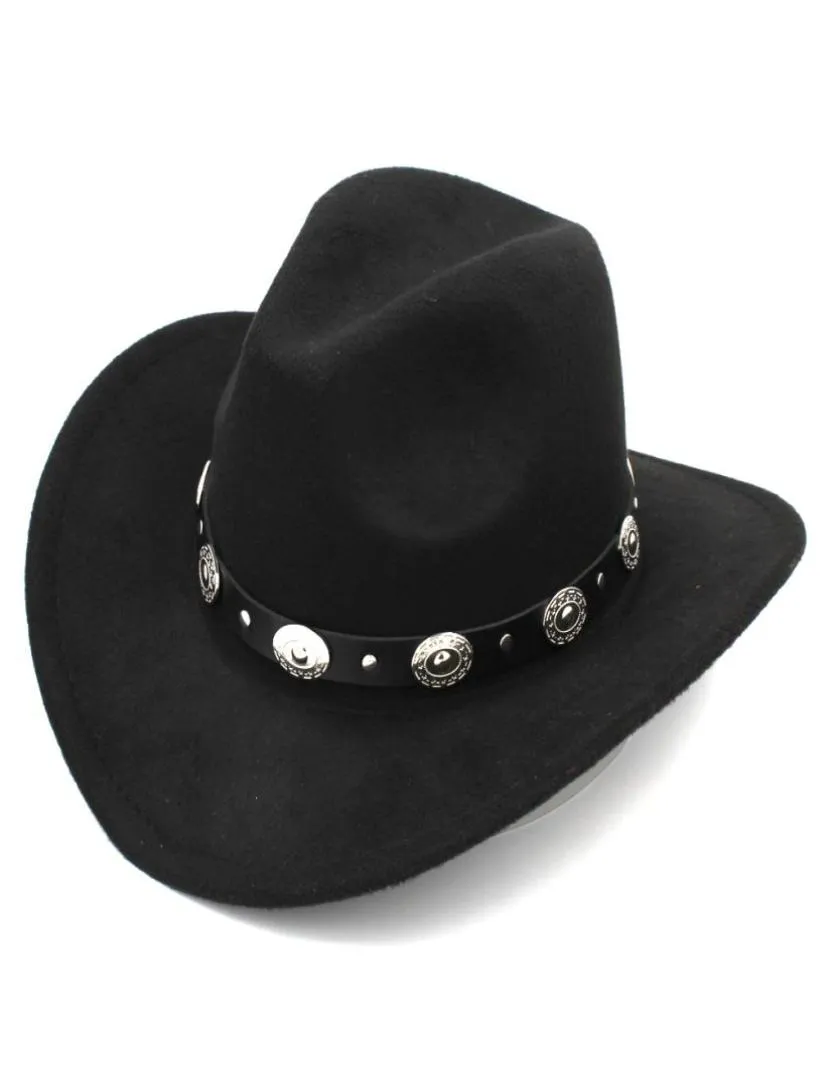 Womens Fashion Western Cowboy Hatt med roll Up Brim filt Cowgirl Sombrero Caps med Pinns Läder Belt8337461