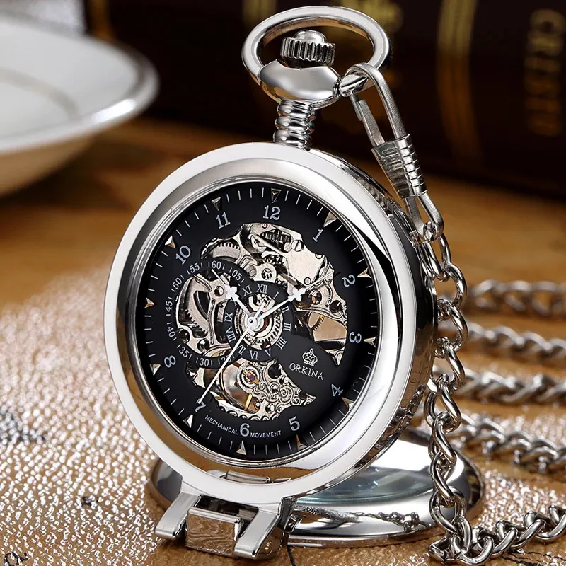 Gorben Stainless Steel Men Fashion Casual Pocket Watch Skeleton dial Silver Hand Wind Mechanical Male Fob Chain Watches 240103