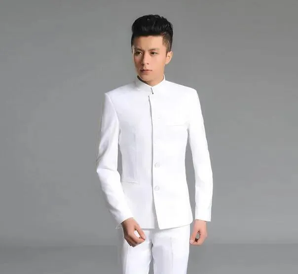 Blazer GroßhandelStehkragen chinesischer Tunika-Anzug Herrenanzug-Set Neueste Mantel-Hose-Designs Kleidanzüge für Männer Hochzeit Bräutigam Herrenanzüge mit