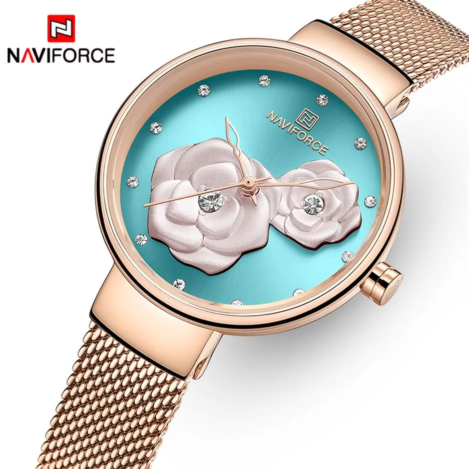 NAVIFORCE Nuovi orologi da donna Top Brand Bellissimo orologio da polso al quarzo femminile con fiori Orologio da ragazza impermeabile con maglia in acciaio inossidabile 255w