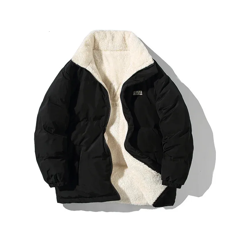 Män två sidor lambwool vinter puffer jacka överdimensionerad vintage bubbla kappa varmt utkläder päls parkas 240104