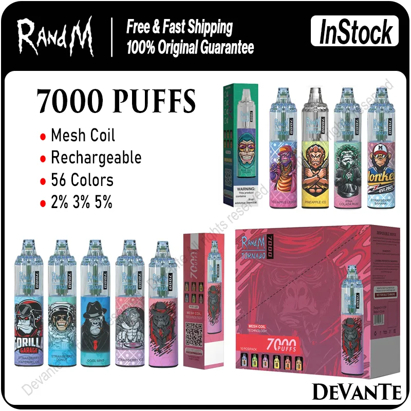 RandM Tornado Puff 7000 Fumot 7K Rookwolken E-sigaretten Oplaadbare wegwerpvapes Pen Pod Mesh Coil 56 smaken 14 ml Vaporizers 2% 3% 5%