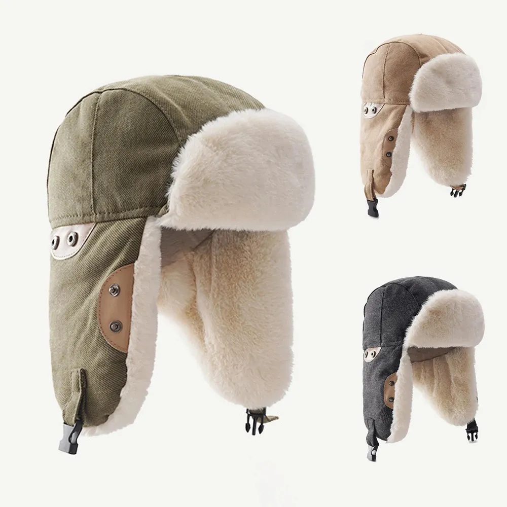 Cappelli bomber invernali con paraorecchie in cotone e agnello, protezioni per le orecchie, cappello russo, peluche, addensare, antivento, alpinismo, sci, neve, berretto da pilota 240103