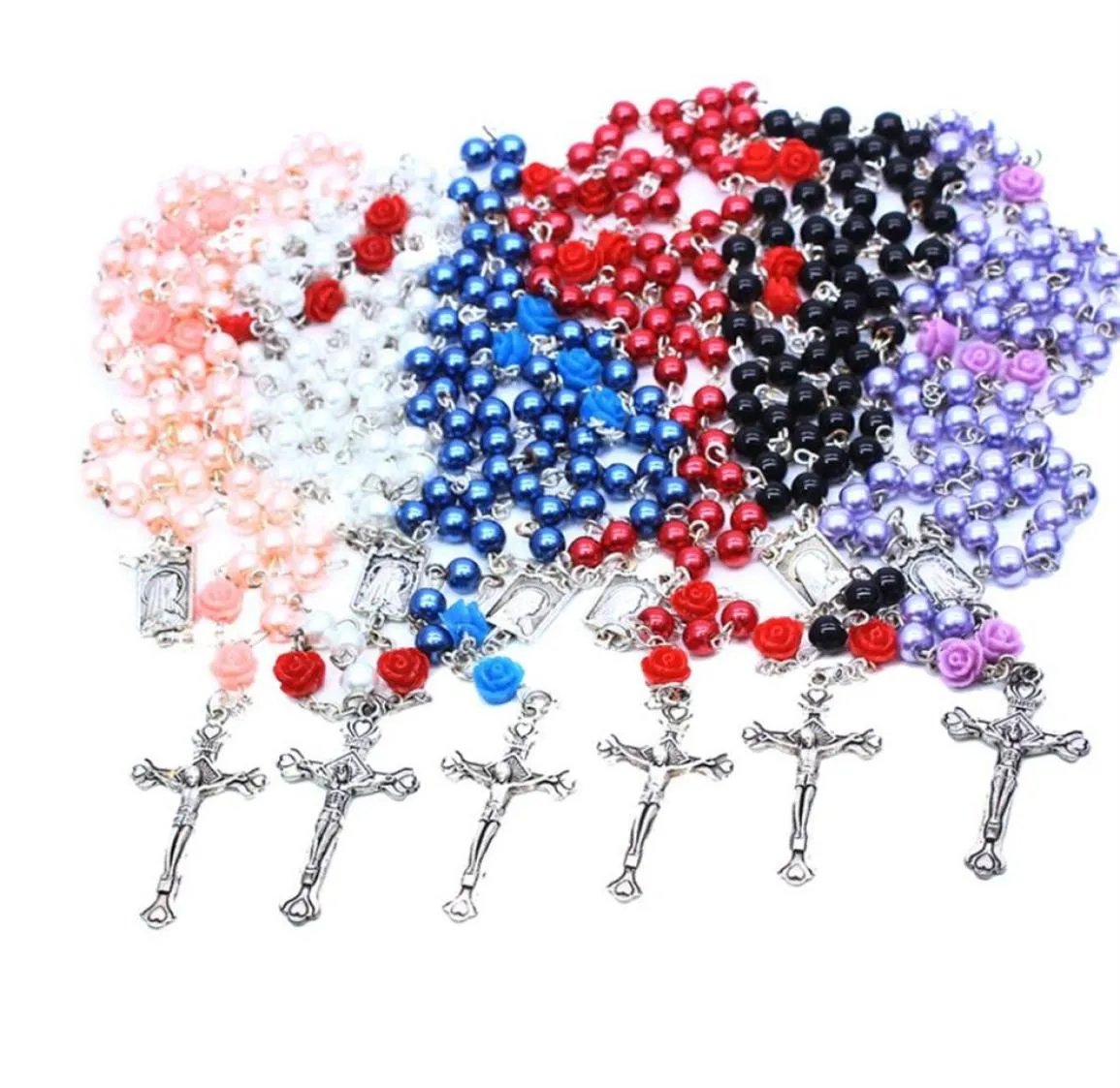 Rose pearl rosary Cross pendants necklaces Beads vine long style sweater chain Catholic Jesus jewelry Mix 6 color 12pcs7646645