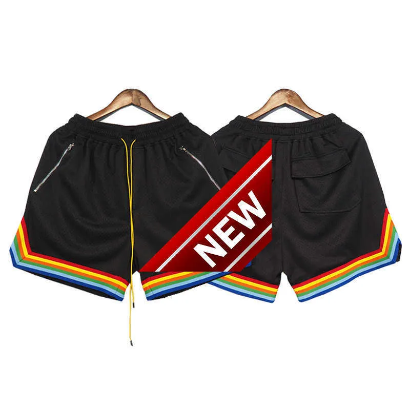 version beautiful fashion mesh fabric rainbow sports casual Capris street loose drawstring shorts