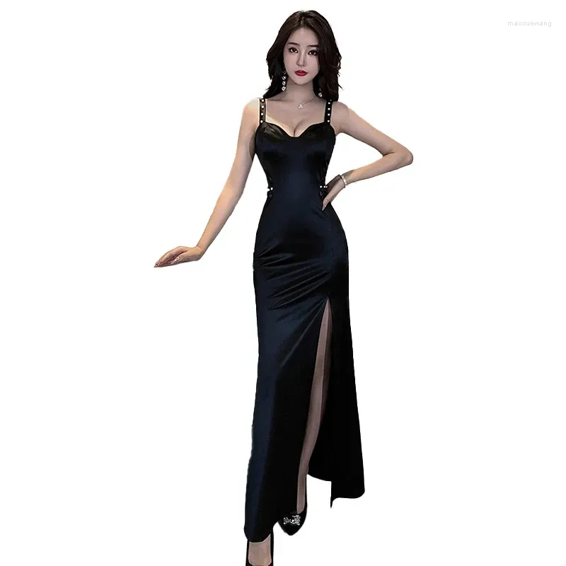 Casual Dresses Summer Black Open Back Sexy Tight Maxi Dress Women's Fashion Strap Sleeveless Split Birthday Club Nightclub Party Skirt