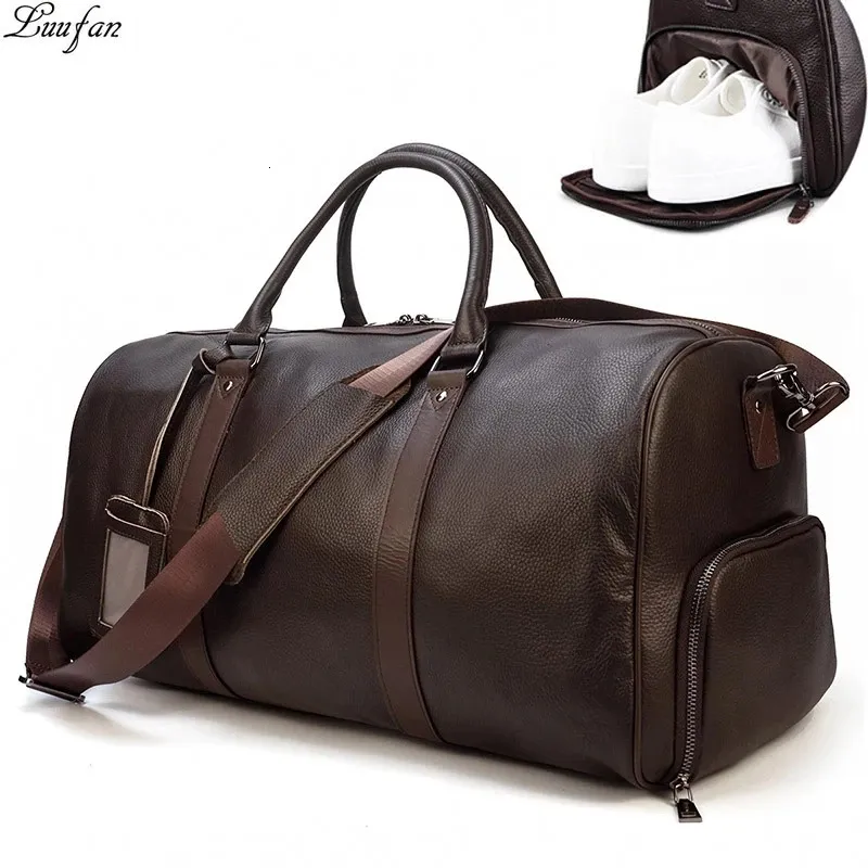 Grande capacidade bolsa de viagem de couro genuíno para homens mulheres macio preto casual viagem duffel grande bagagem fim de semana bolsa de ombro 240104