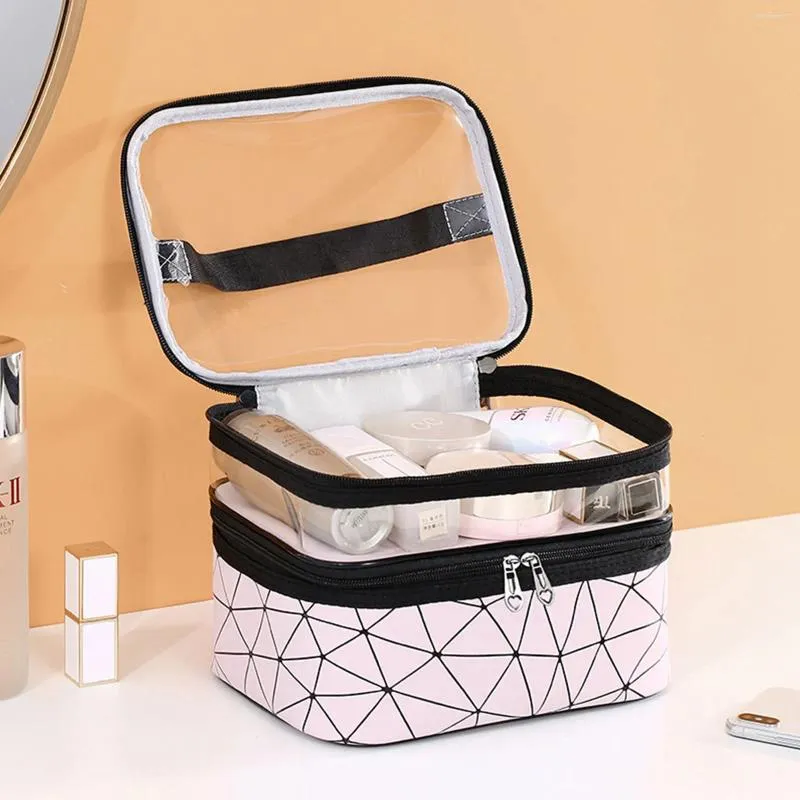 Kosmetiska väskor stor makeup dubbelskikt bärbara resesfall Vattenbeständiga borsthållare toalettartiklar för kvinnor