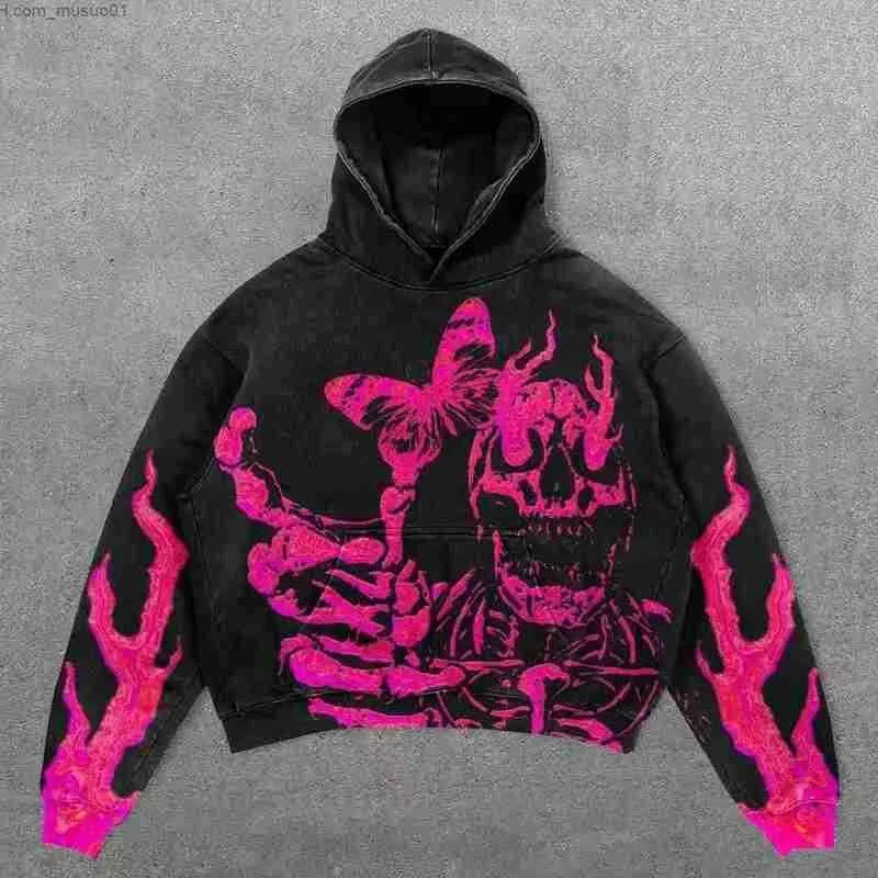 Men's Sweaters Y2k Punk Wind Skull Printed Cotton Hoodies Sweatshirt Couples Hip-hop Retro Street Loose Oversized Hoodies Harajuku Gothic TopL231113