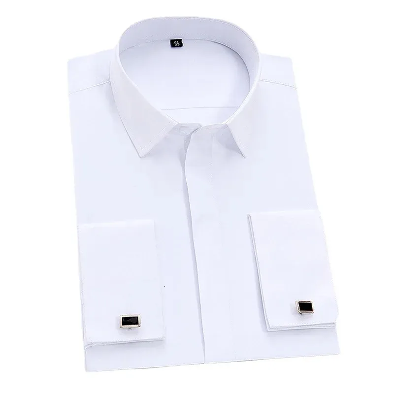 Men's Classic French Cuffs Solid Dress Shirt Covered Placket Formal Business Standardfit Long Sleeve Office Work White Shirts 240104