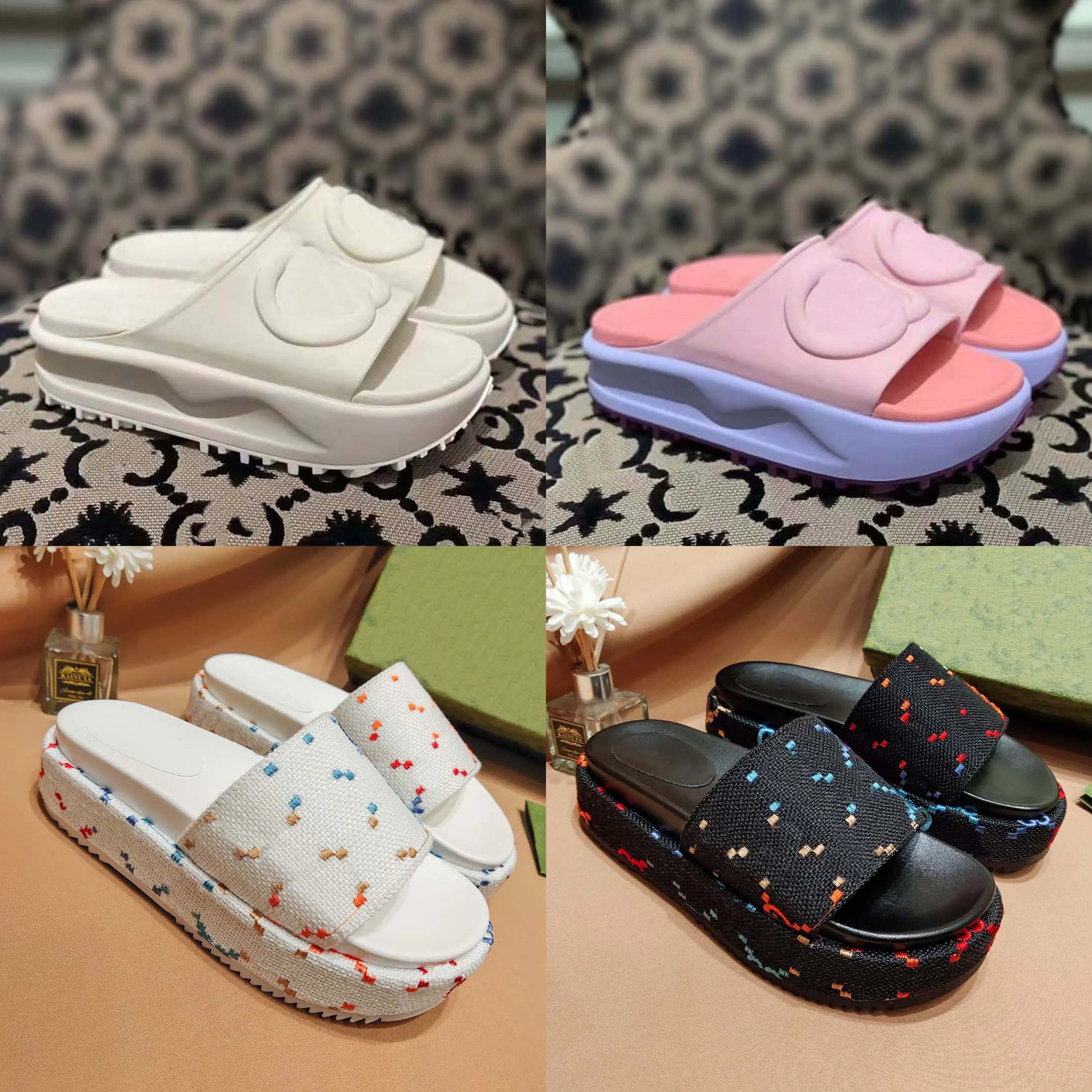 Ny produkt 2024 Designerskor Ny stil tofflor Sandal Slide Macaron tjock botten Non-halp mjuk botten mode g hus toffel kvinnor bär strand flip-flops ins in