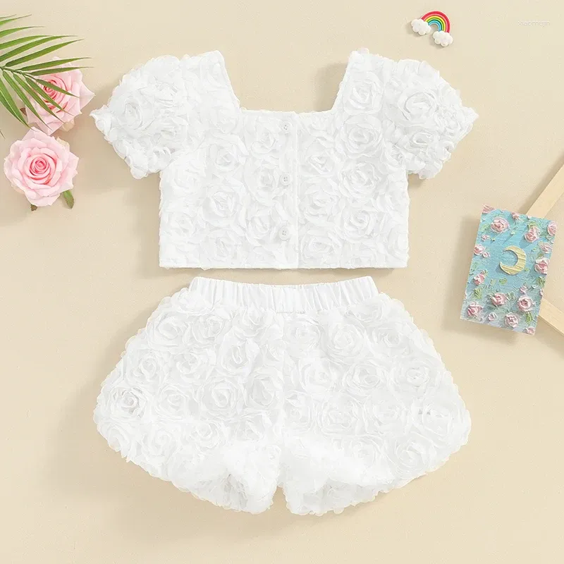 Clothing Sets Little Girl 2 Piece Outfit Puff Sleeve Square Neck Button Down Tops Elastic Waist Shorts 3D Rose Flower Applique Summer Set