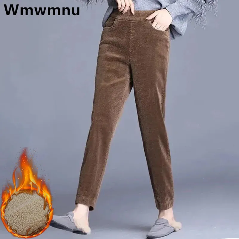 Winter Thicken Fleece Lined Velvet Pant High Waist Warm Harem Pantalones Baggy Lamb Fluff Casual Anklelength Trousers 240104