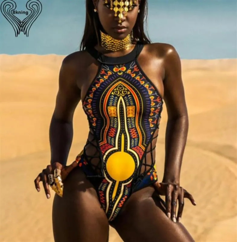 Afrikanskt tryck badkläder ett stycke baddräkt badkläder kvinnor en bit baddräkt sexiga baddräkter höga nackmonokini bikini292e1249956