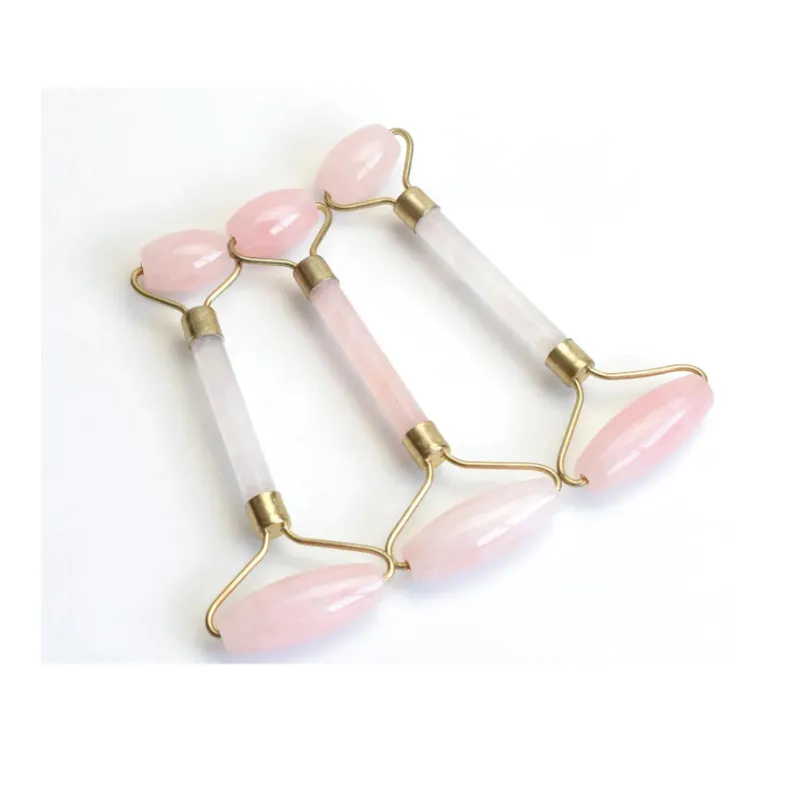 Natural Rolling Chakra Rose Quartz crafts Carving Reiki Crystal Healing Scraping Beauty Roller Facial Massage Stick Alloy Gold Plated BJ