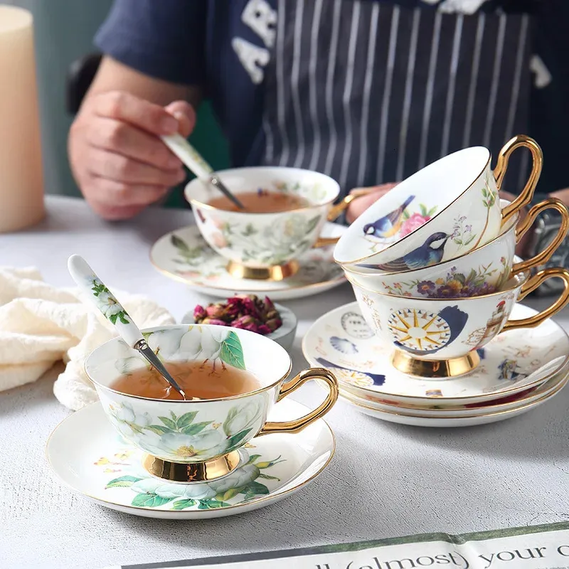 Ensemble de tasses à café marbrées, poignée dorée, porcelaine européenne et soucoupe, tasse de thé de l'après-midi, service à thé, verres de fête, 240104