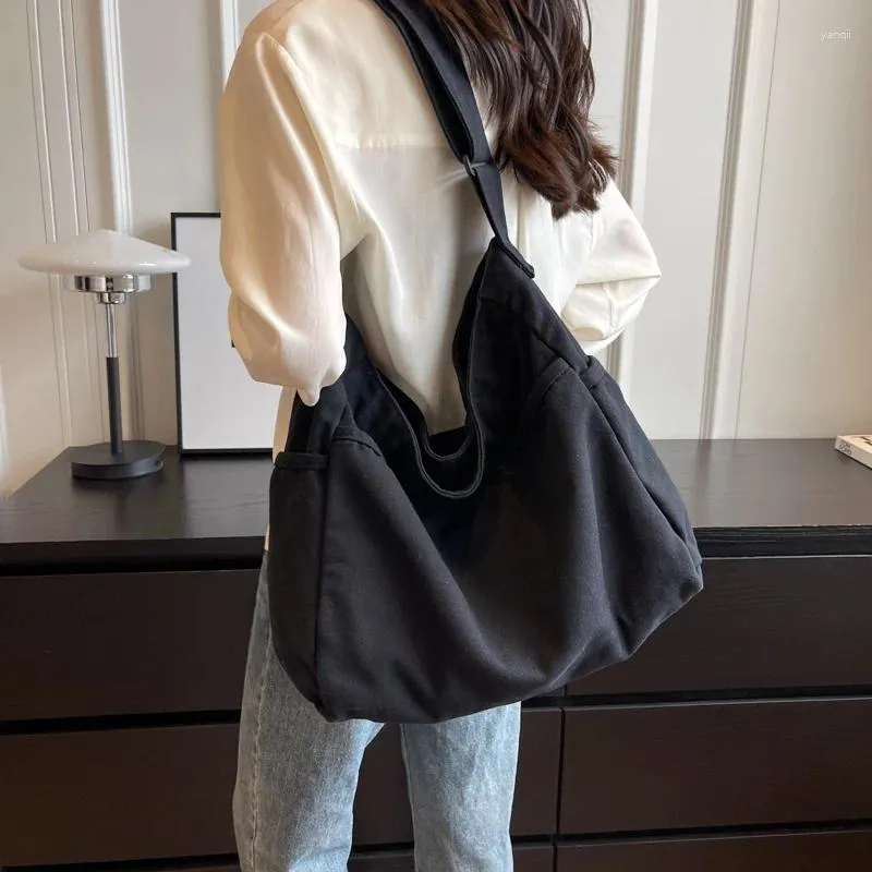 Evening Bags Black Canvas Women's Bag Zipper Eco Korean Shoulder Cross Big Shopping Messenger Y2K Handbag Multi Pockets Murse Ins