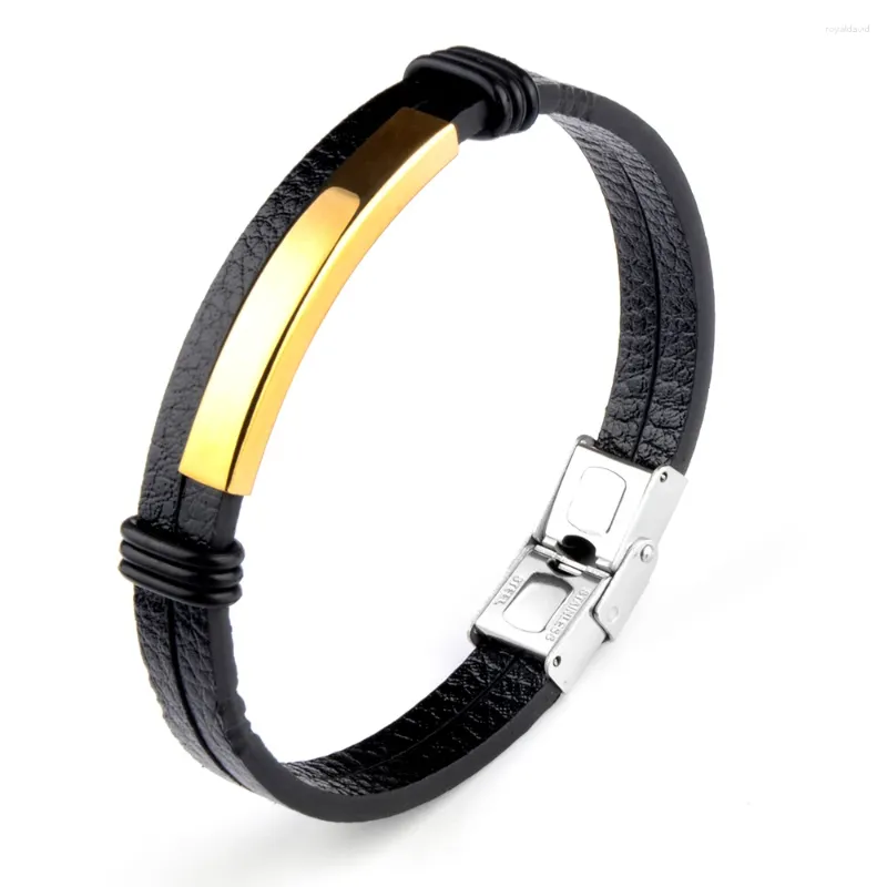 Charm Bracelets Simple Style Men's Black Genuine Leather Bracelet Stainless Steel Double-layer Braid Bangles For Men Jewelry