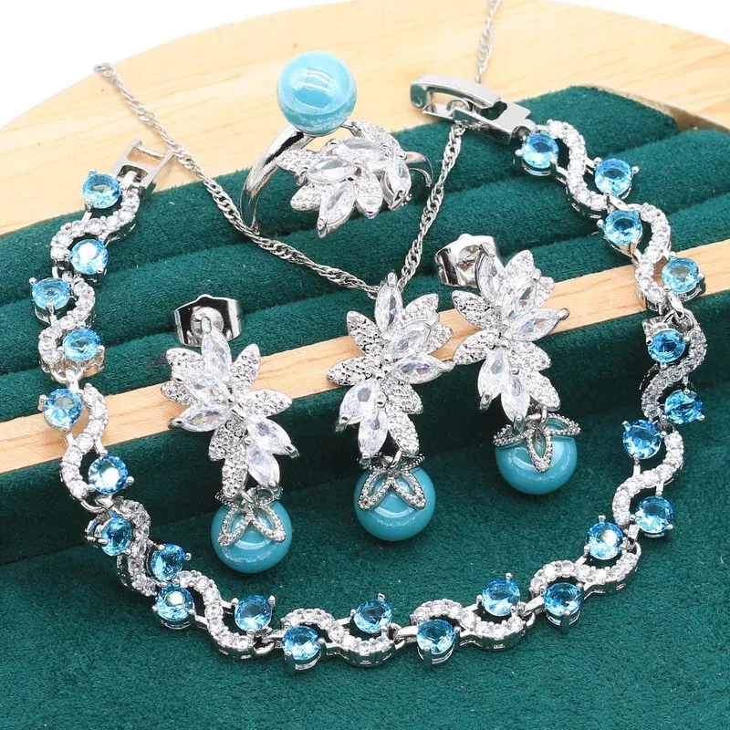 925 Sterling Silver Jewelry Set for Women Bride Blue Pearl Armband Pierced Earrings Halsband Pendant Ring Wedding Present 4pcs 240103