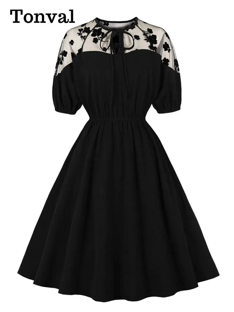 Dresses Tonval Tie Neck Floral Mesh Elegant Party Women Summer Swing Dress Half Sleeve Elastic Waist Black Vintage Robe Femme