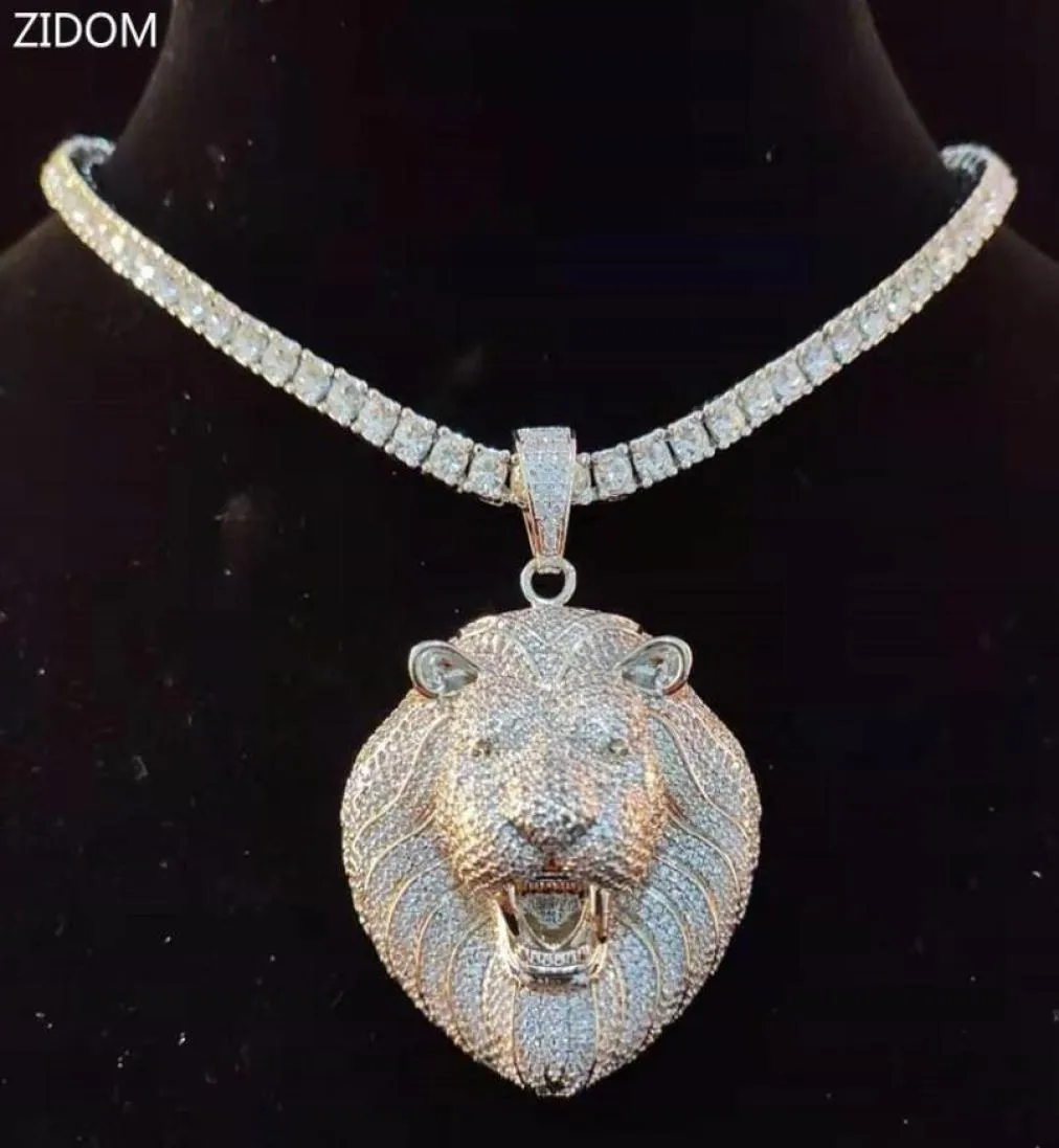 Naszyjniki wiszące mężczyzn Hip Hop Lion 039S Naszyjnik na głowę z 4 mm cyrkonem łańcucha tenisowa lodowany Bling Hiphop Male Biżuteria Moda G9868476