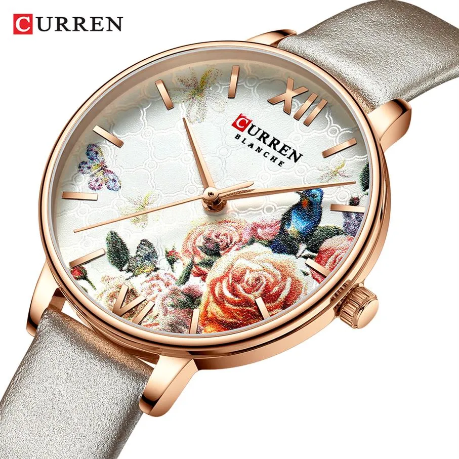 Relojes CURREN con hermoso diseño de flores, reloj de pulsera de cuero informal a la moda para mujer, reloj femenino, reloj de cuarzo para mujer 225Y