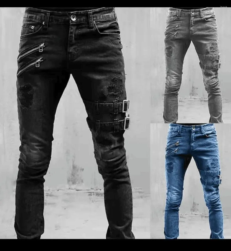 Herenjeans Heren Streetwear Rits Elastisch Baggy Slanke mode-denimbroek Luxe skinny cargobroek