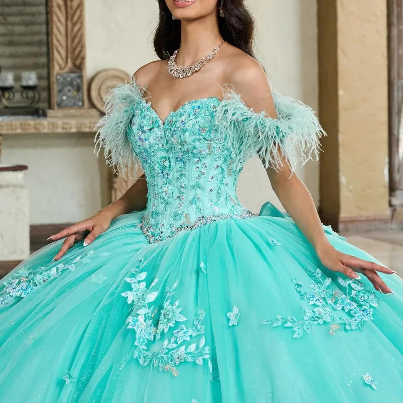 Sexy Sweetheart Quinceanera Jurken Applique Kant Kralen Veren Baljurk Sweet 16 Jaar Prinses Jurk Voor 15 Jaar vestidos de anos