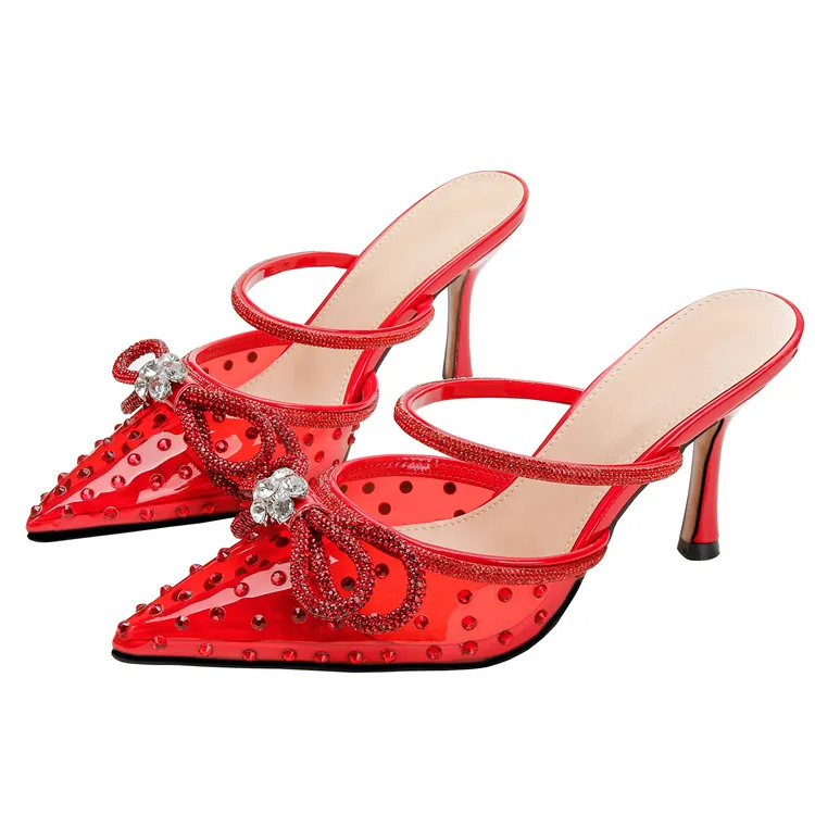 Real 2024 Nuovi sandali in pelle da donna da donna 8,5 cm con tallone alto con punta di piedi scarpe diamanti per diamanti feste in PVC trasparente una riga We 7806