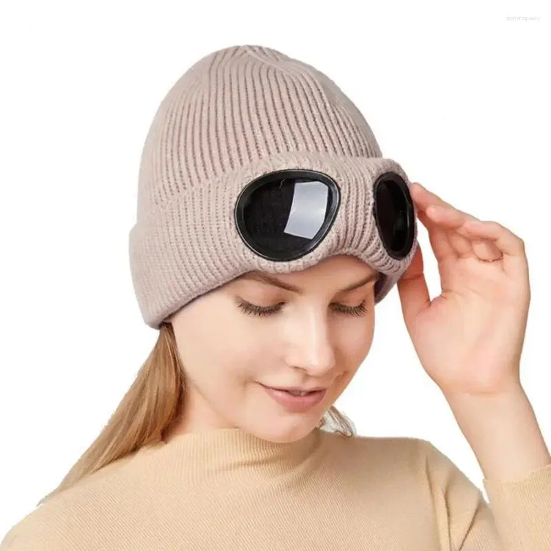 Basker elastisk stickad hatt vinter beanie huvudkläder mjuk varm vindtät med glasögon unisex bombplan för öronskydd antislip