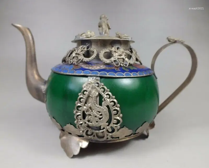 Бутылки, китайский ручной работы, старый зеленый нефритовый браслет, инкрустация, тибетский серебряный чайник с драконом