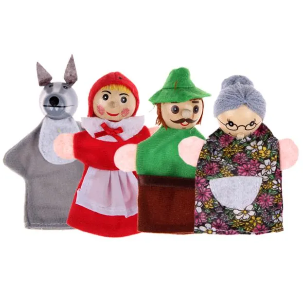 4 pçslote crianças brinquedos fantoches de dedo boneca brinquedos de pelúcia chapeuzinho vermelho cabeça de madeira conto de fadas história contando fantoches de mão3222190