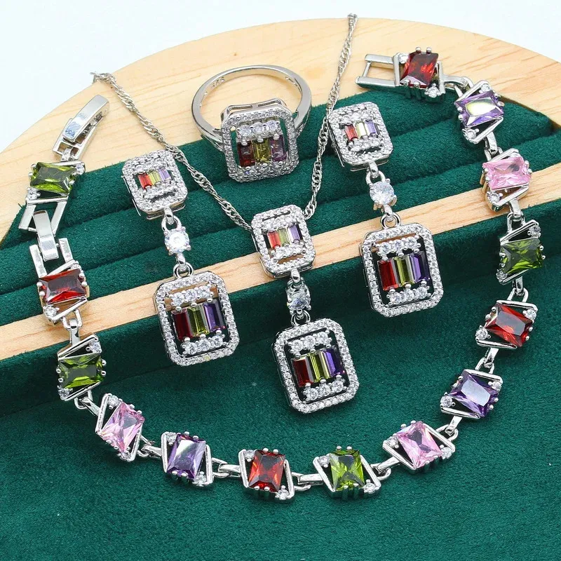 Conjuntos de joyas de plata 925 con circonita Multicolor geométrica para mujer, pulsera de boda, pendientes, collar, anillo colgante, regalo 240103