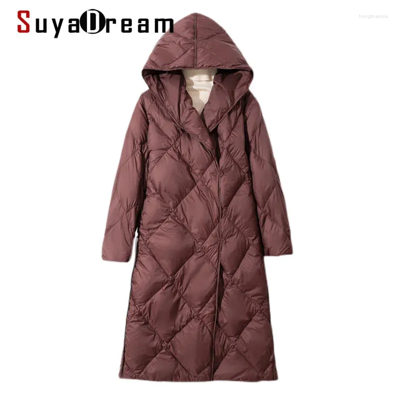 Women's Down SuyaDream Woman Long Coat 90%White Duck Filling Hooded Quilted Warm 2024 Winter