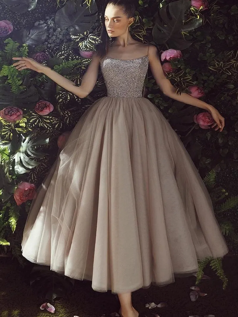 Short Sequin Tulle champagne homecoming dress with Beading and Straps - Tea Length Evening Gown for Women - Vestidos de Feast Short Sequin Tulle champagne homecoming dress with Beading and Straps - Tea Length Evening Gown for Women - Vestidos de Feast