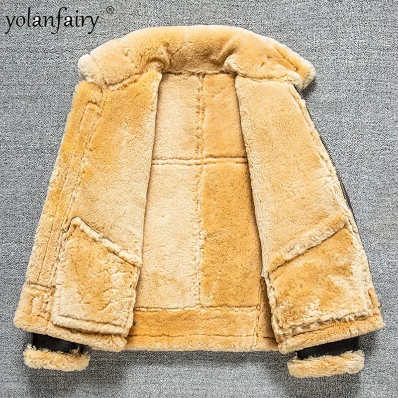 Mäns riktiga pälsskinnjacka Högkvalitativ B3 Tjock vintertunga bombplan Jackor för män Retro Sheepskin Wool Coats 240103