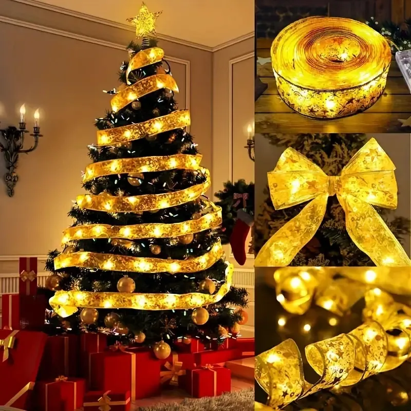 Luci a corda con nastro per albero di Natale da 196,85 pollici/50 LED, strisce luminose a LED alimentate a batteria, adatte per luci decorative natalizie per interni ed esterni, feste natalizie.