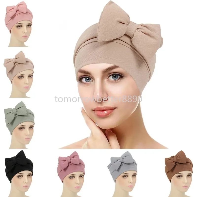 Kvinnor Big Bow Chemo Cap Muslim Hijab Turban Headscarf Turban Bonnet Beanie Hair Loss Hat Baggy Bandanas pannband Turbante Mujer