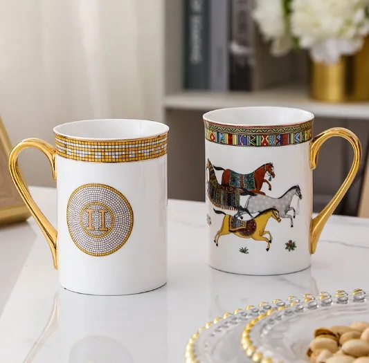 Vintage Milk Tea Drinks Coffee Cup Gilt Edging Porcelain Large Capacity Mug Plate Rack Set Wholesale