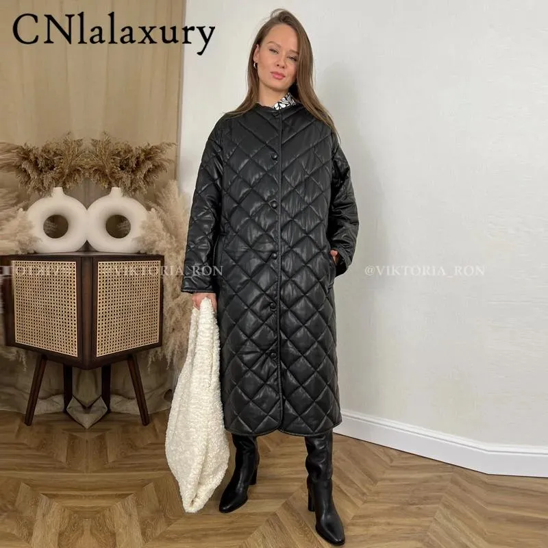 Куртки CNlalaxury 2022, зимнее винтажное теплое черное кожаное пальто, женское повседневное свободное уличное пальто, парки с длинными рукавами, верхняя одежда миди, куртка