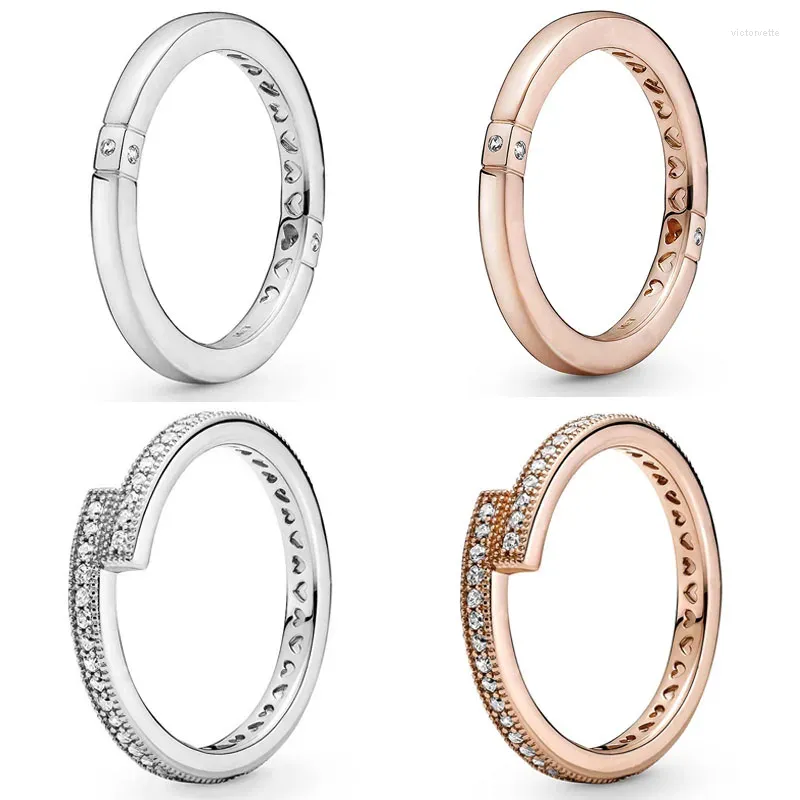 Bagues de cluster Authentique 925 Bague en argent sterling Sparkling Superposition Rose Coeurs avec cristal pour femmes Cadeau Bijoux