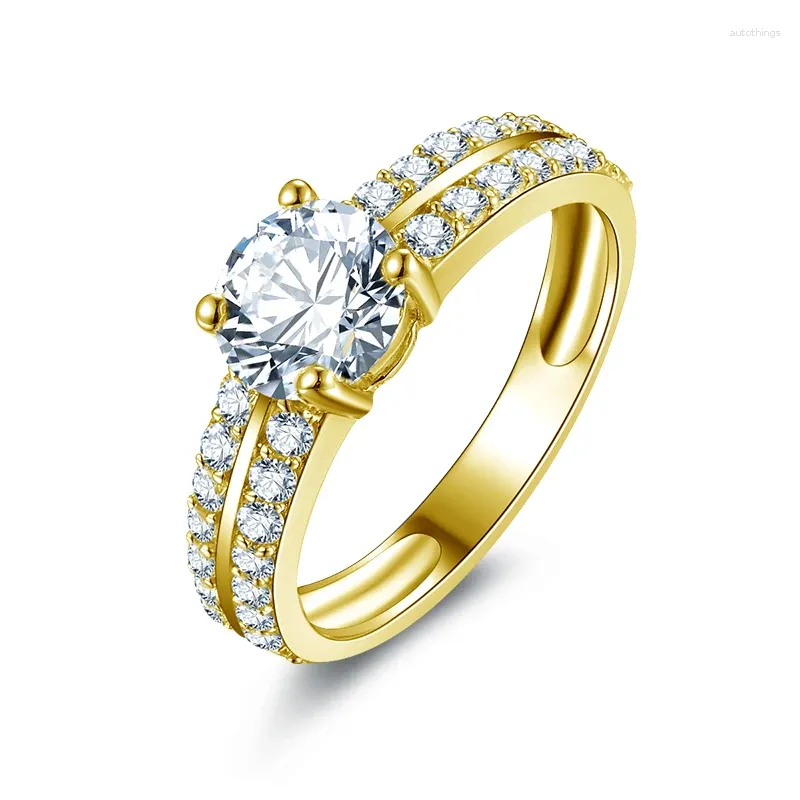 Anéis de cluster Iogou 1.0ct Moissanite Noivado para Mulheres Jóias de Luxo Sólido 10K Ouro Amarelo 6.5mm Redondo D / VVS1 Diamante de Casamento