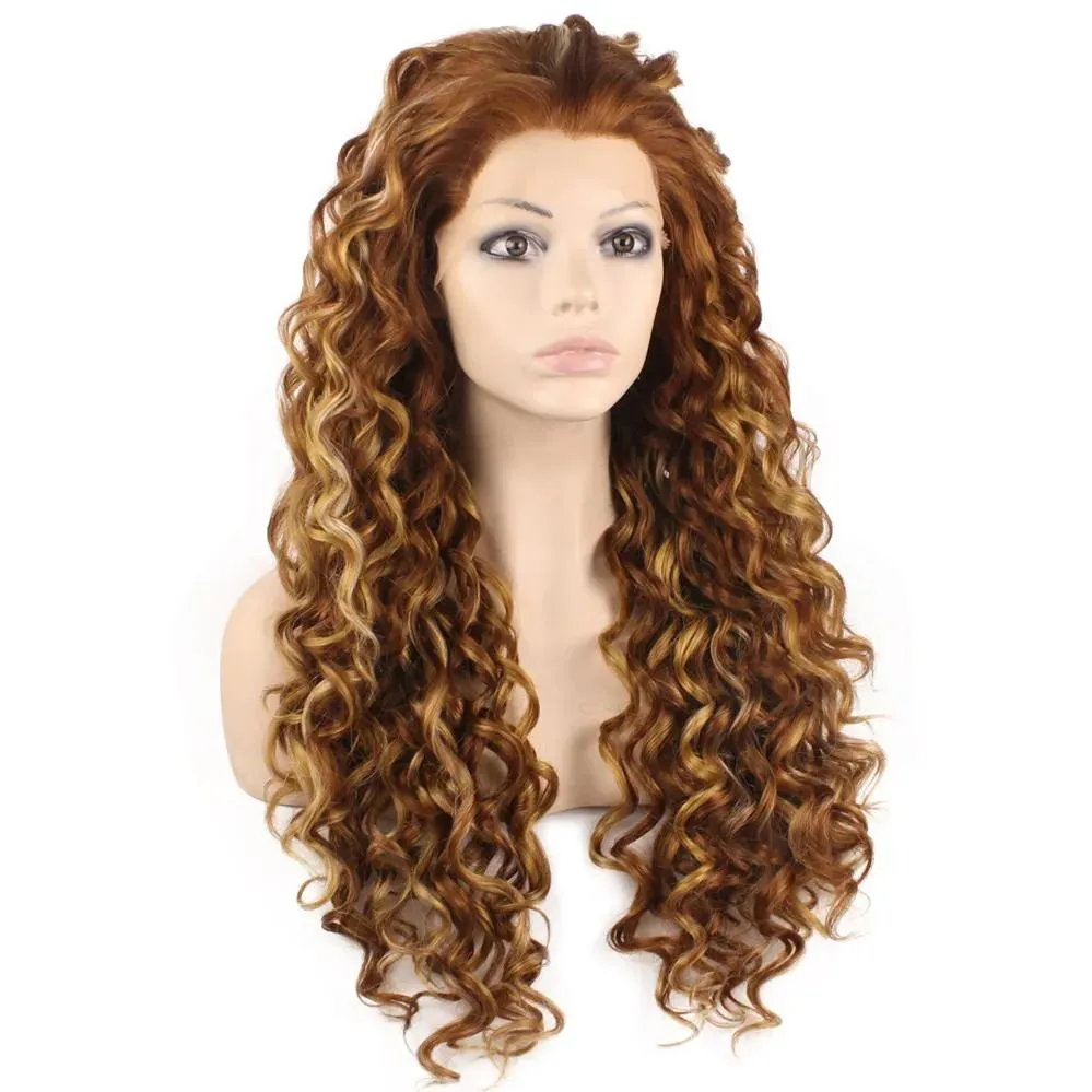 Wigs 26" Extra Long Auburn Wig Curly Heat Friendly Synthetic Hair Lace Front Wig