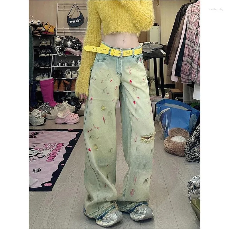 Damesjeans 2024 Vintage Tie Dye Ripped Casual Hoge Taille Street Style Rechte Broek Wijde Pijpen Baggy Y2K Denim Broek