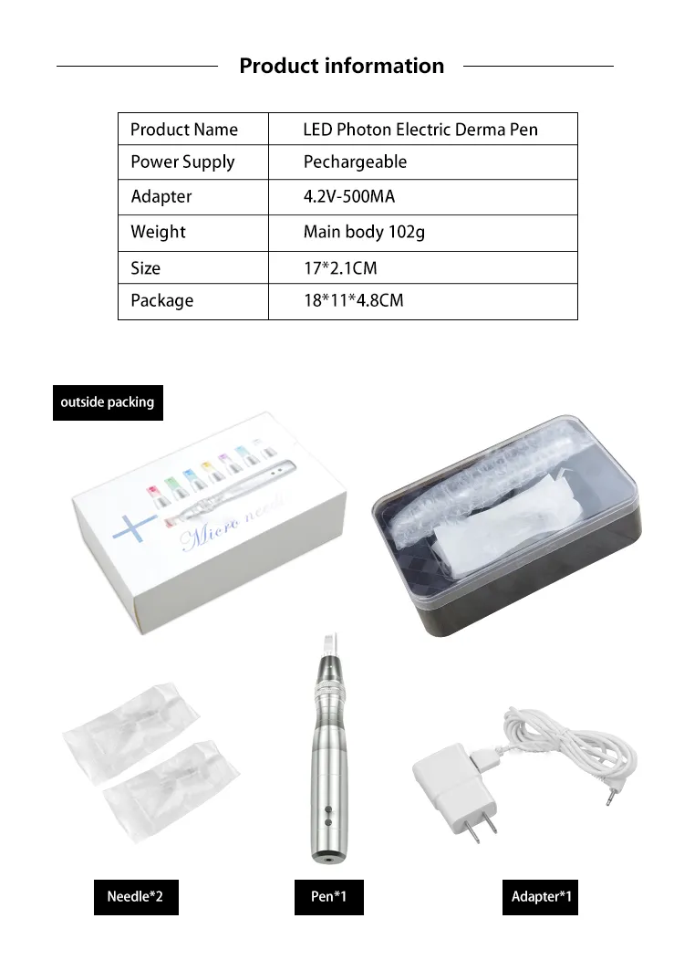 New Design 7 colors led photon Facial Body and Skin Care electric derma roller microneedling pen