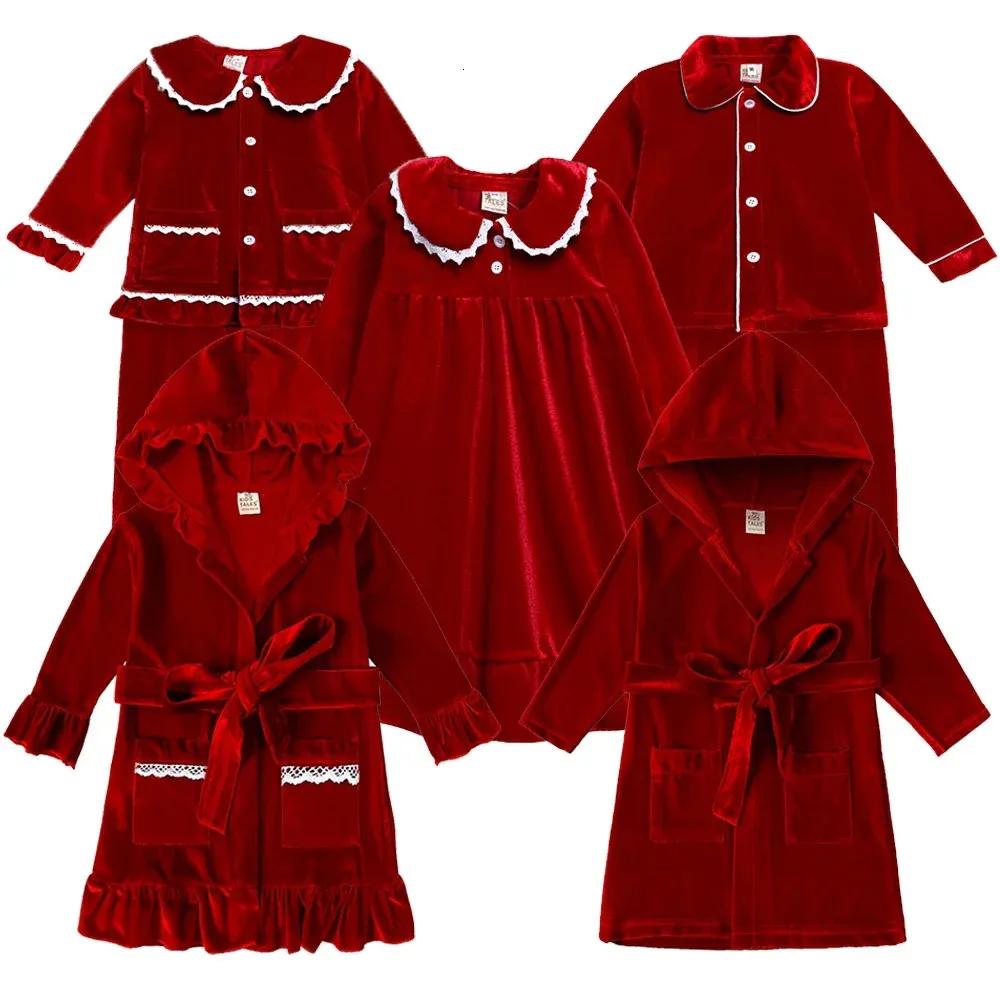 Детские рождественские халаты, пижамы, красное, золотое, бархатное платье, семейный костюм для мальчиков и девочек, рождественский костюм, одежда для сна для малышей, пижамы 240104